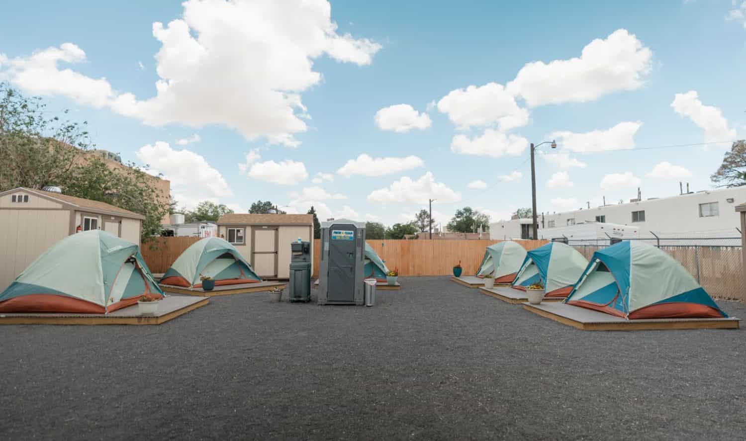Rows of tents at the Refuge outdoor safe space in Albuquerque
